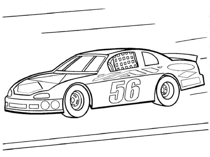 Printable coloring book of a car on a race track