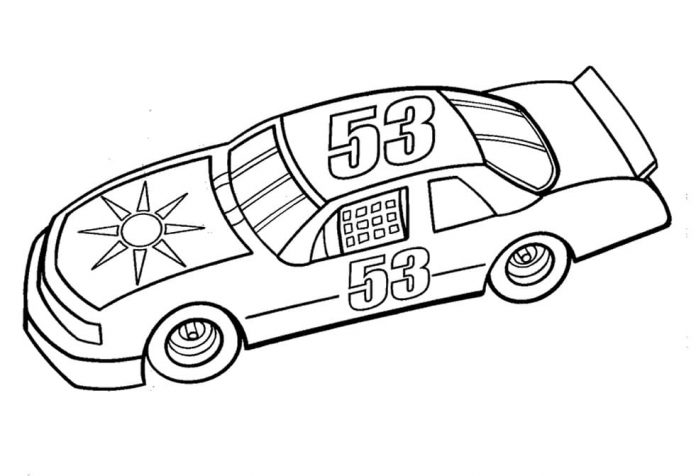 Coloring book car with sun on hood printable for kids Nascar