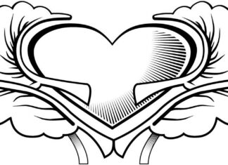 coloring page heart in front of a leaf