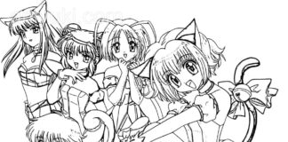 Coloring page of sitting girls from the fairy tale tokyo mew mew