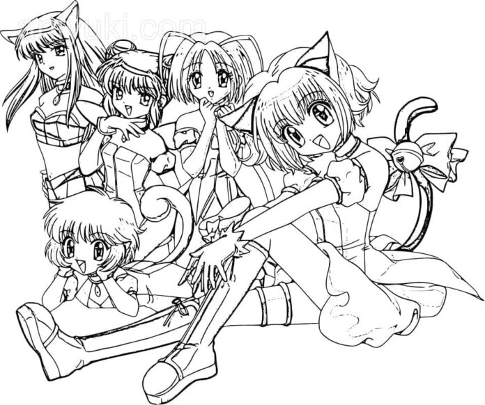 Coloring page of sitting girls from the fairy tale tokyo mew mew