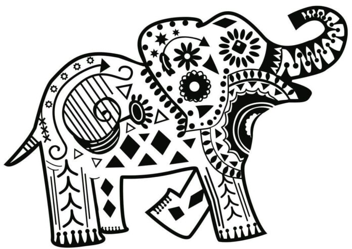 African elephant coloring book in mosaic printable patterns