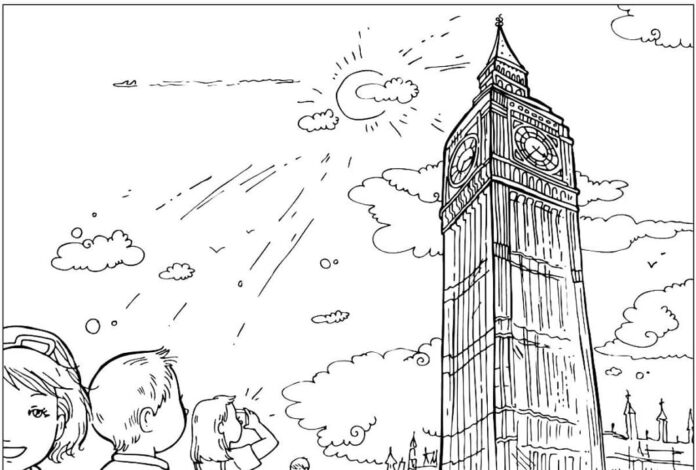 colorier le temps ensoleillé sur la ville et l'horloge de Londres