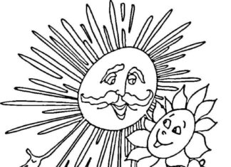 Färgläggning av solros med barnansikte tillsammans med sol med äldres ansikte.