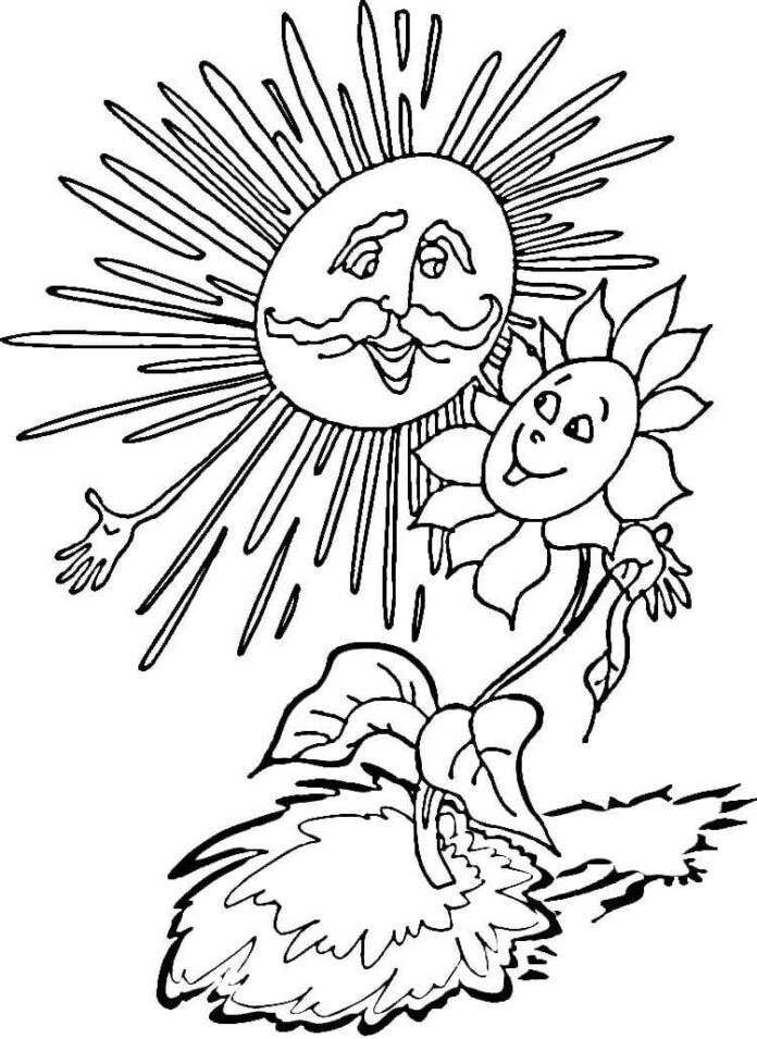 Färgläggning av solros med barnansikte tillsammans med sol med äldres ansikte.