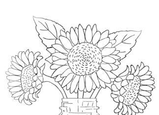 Children's printable sunflowers in a vase coloring book