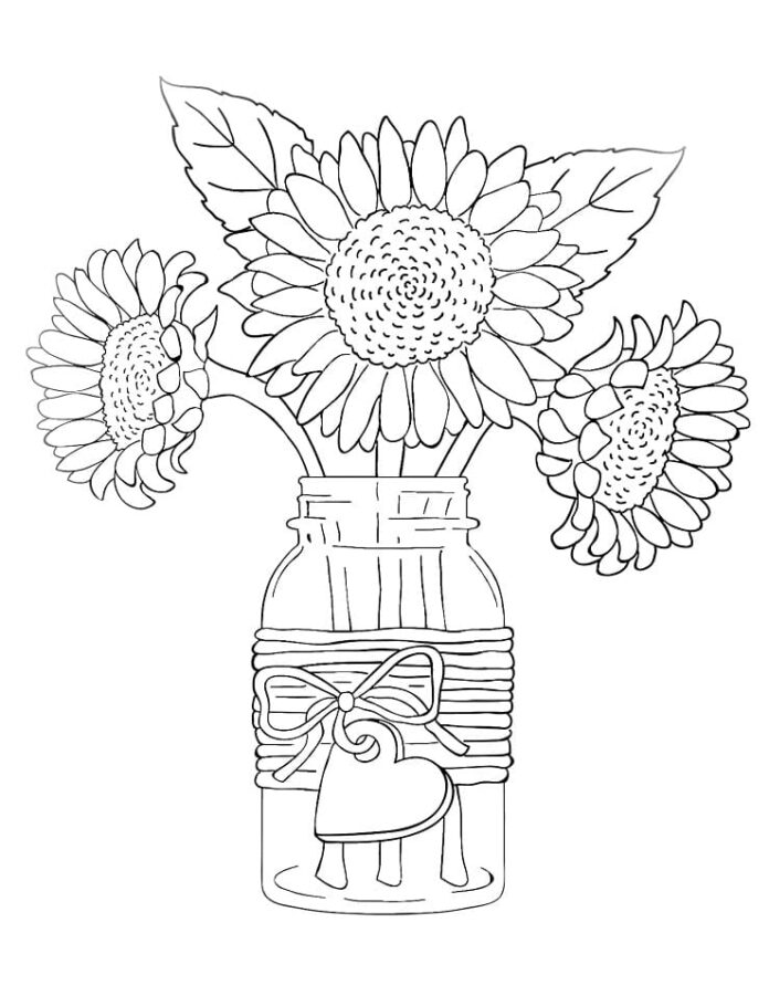 färgning av solrosor i en vas för barn att skriva ut