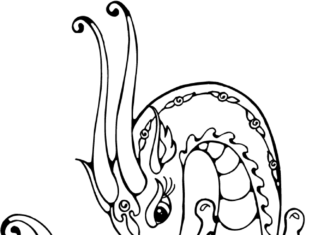 värityskirja lohikäärmeestä, jolla on kauniisti värilliset suomut