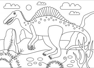 libro para colorear de un espinosaurio en la naturaleza