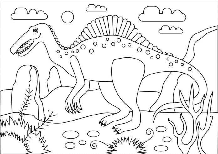 livre de coloriage d'un spinosaurus dans la nature
