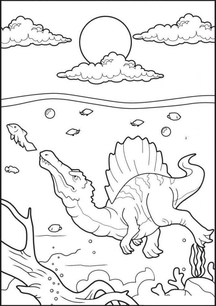 libro para colorear de un espinosaurio en un entorno acuático