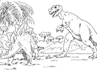 Farvelægningsbog sammenstød af dinosaurer i en lysning