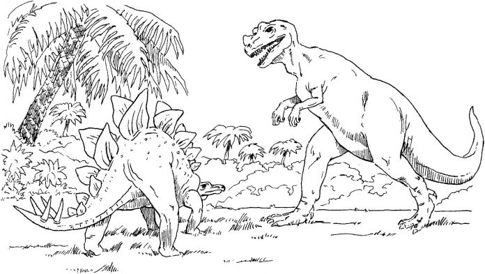Libro da colorare scontro di dinosauri in una radura