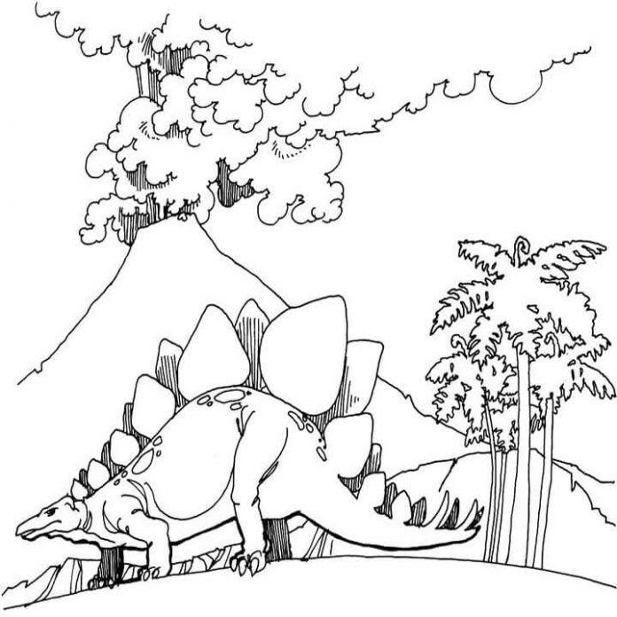 Printable coloring book stegosaurus escaping from volcanic eruption