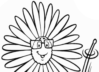 värityskirja päivänkakkarasta, jolla on silmälasit ja taikasauva