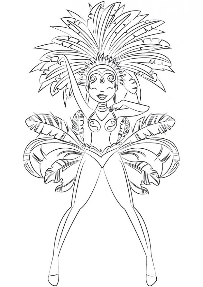 Coloring book of a dancer in a pretty outfit from Rio de Janerio