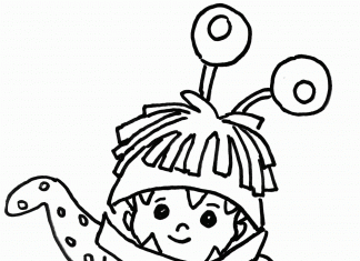 Coloring page of dancing girl in BOO cartoon costume