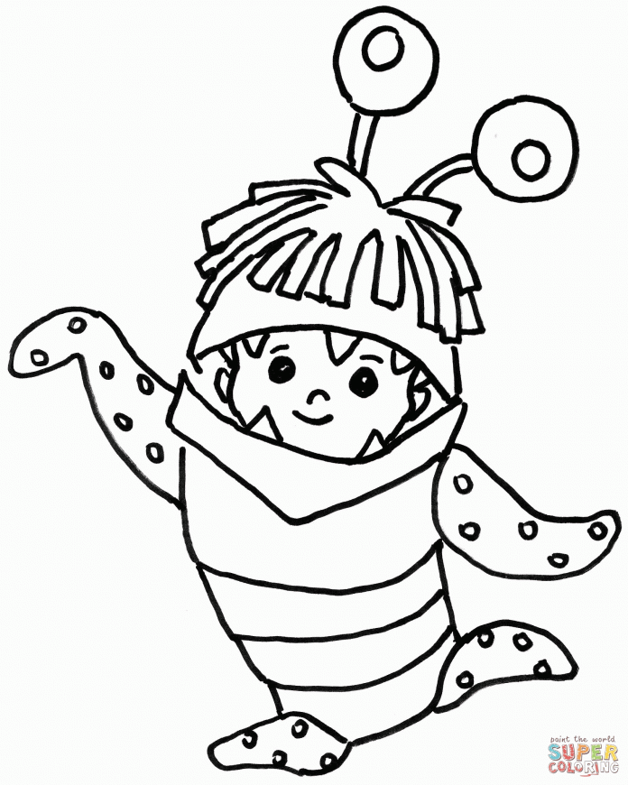 Coloring page of dancing girl in BOO cartoon costume