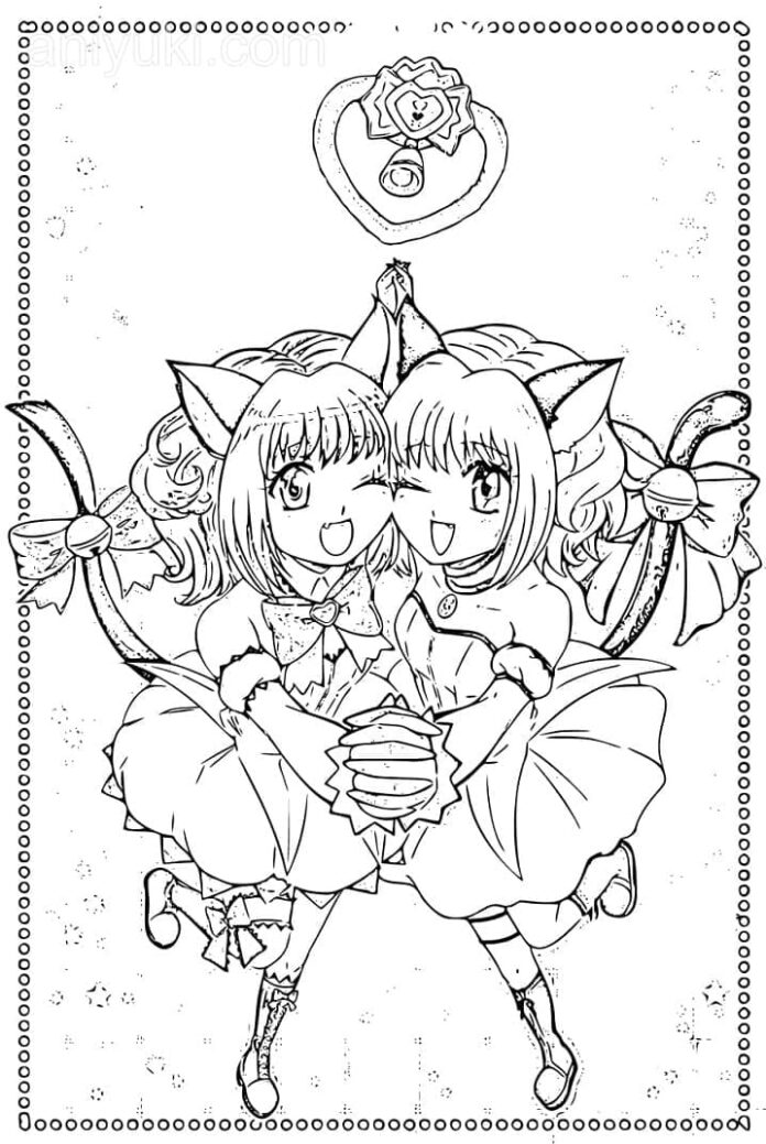 Coloring page of dancing characters in the fairy tale tokyo mew mew mew