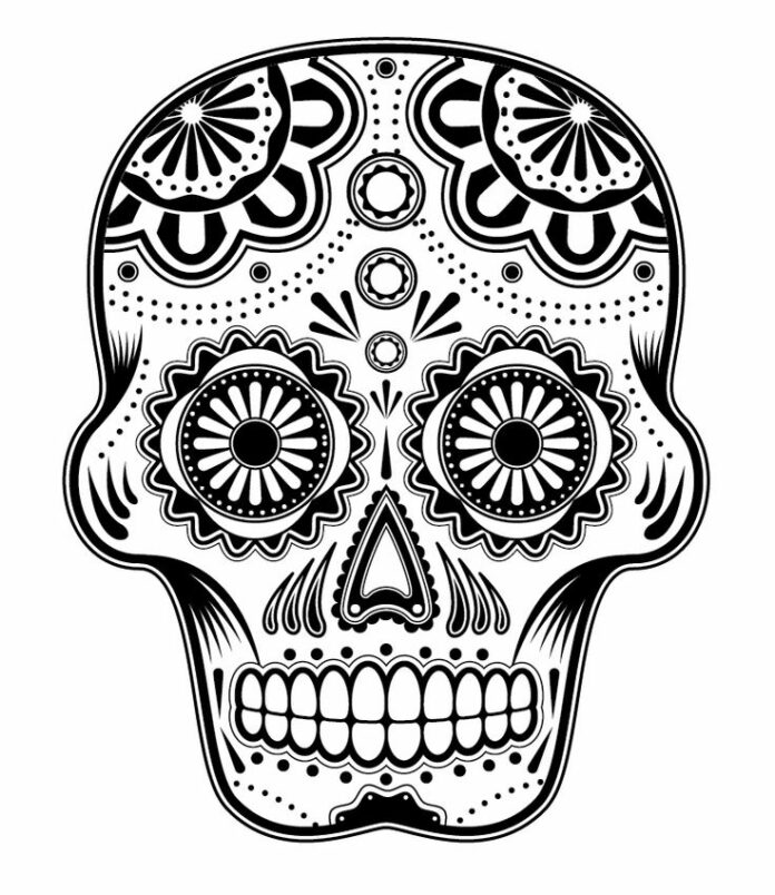 tatuagem colorida de um crânio decorado