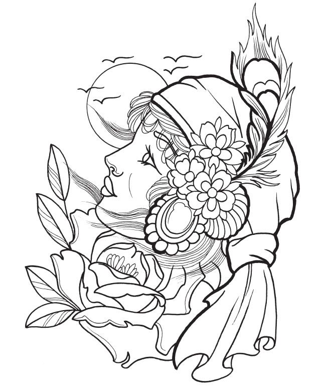Coloring book tattoo face decorated with flowers