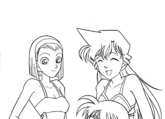 Coloring page of three characters bathing in water