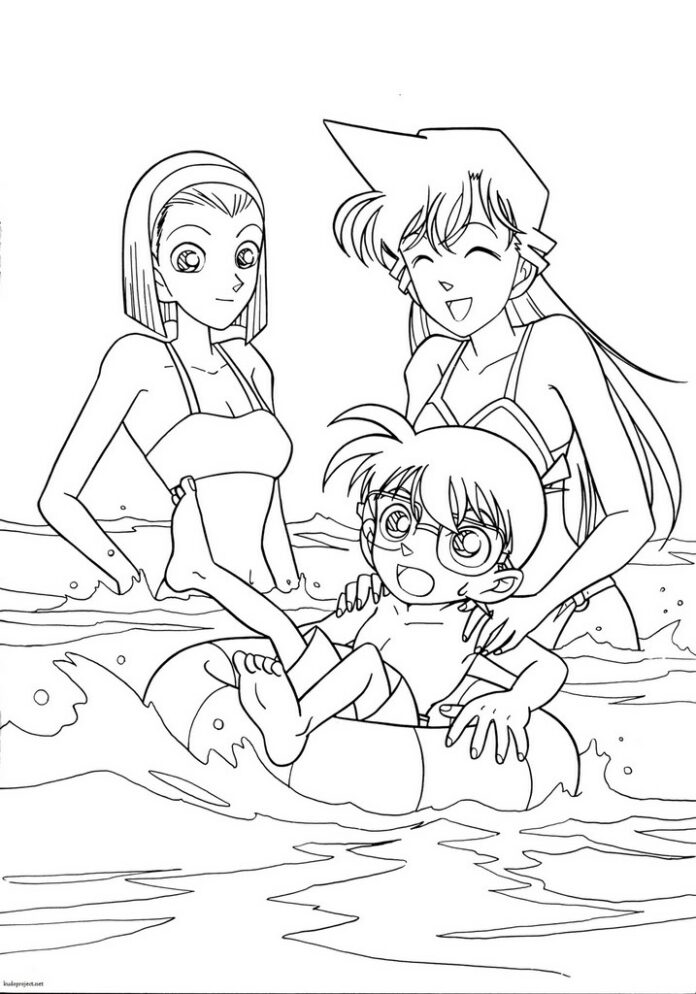 libro para colorear de tres personajes bañándose en el agua