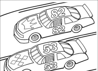 farvelægningsark med tre biler på en NASCAR-bane til udskrivning