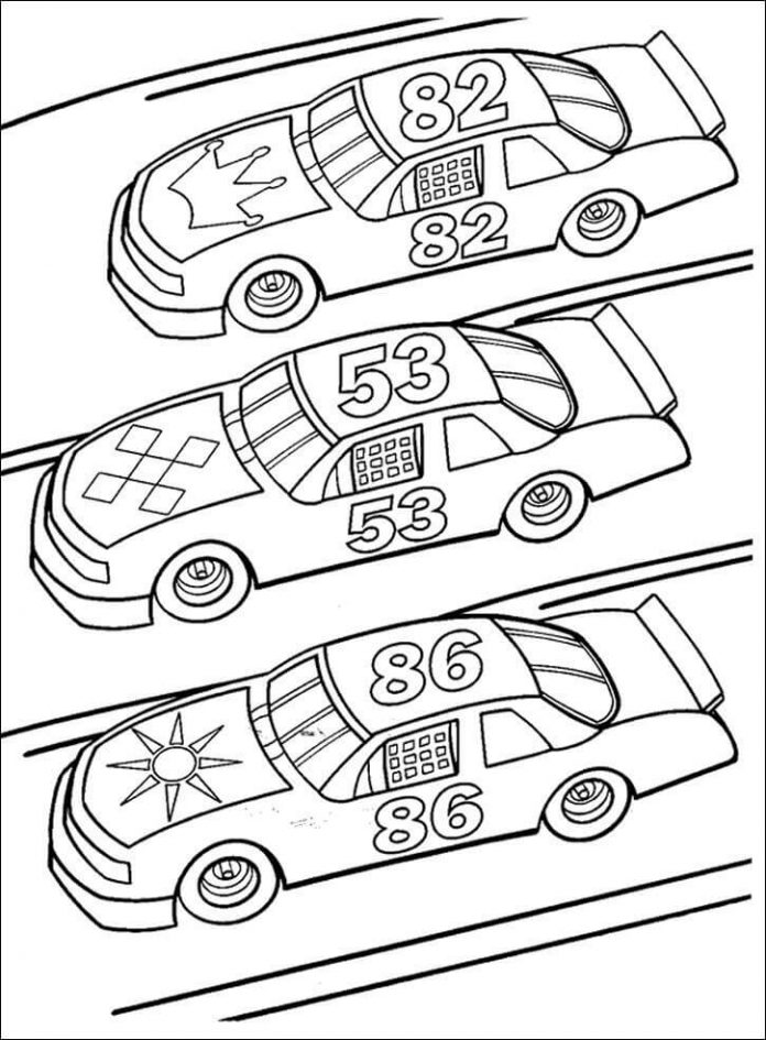 coloring sheet of three cars on a NASCAR printable track