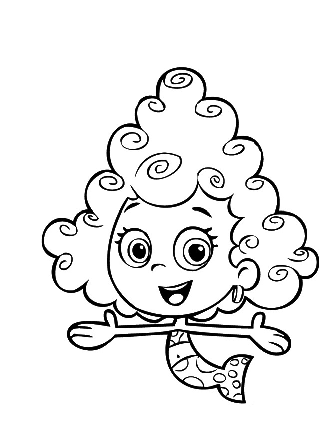 Färbung lächelnde Mädchen mit lockigem Haar in Blase Guppies Cartoon