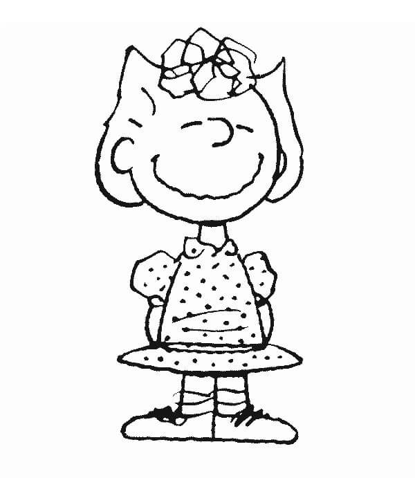 feuille de coloriage d'une petite fille souriante du dessin animé Peanuts