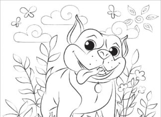 Színező oldal mosolygó pitbull, amelynek nyelve kilóg a szájából
