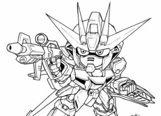 Färgsida av en beväpnad robot med en pistol från Gundam-tecknadsserien.