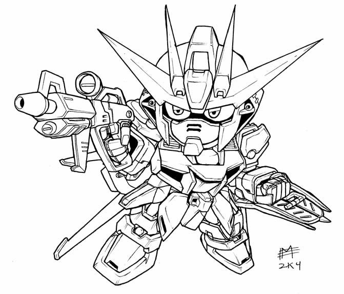 page à colorier d'un robot armé d'un pistolet du dessin animé Gundam