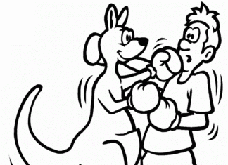 Page à colorier de la lutte d'un garçon avec un kangourou