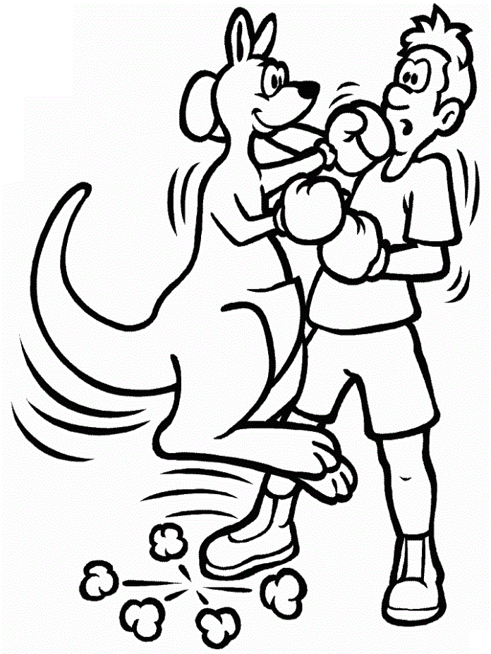 Coloring page of a boy's fight with a kangaroo