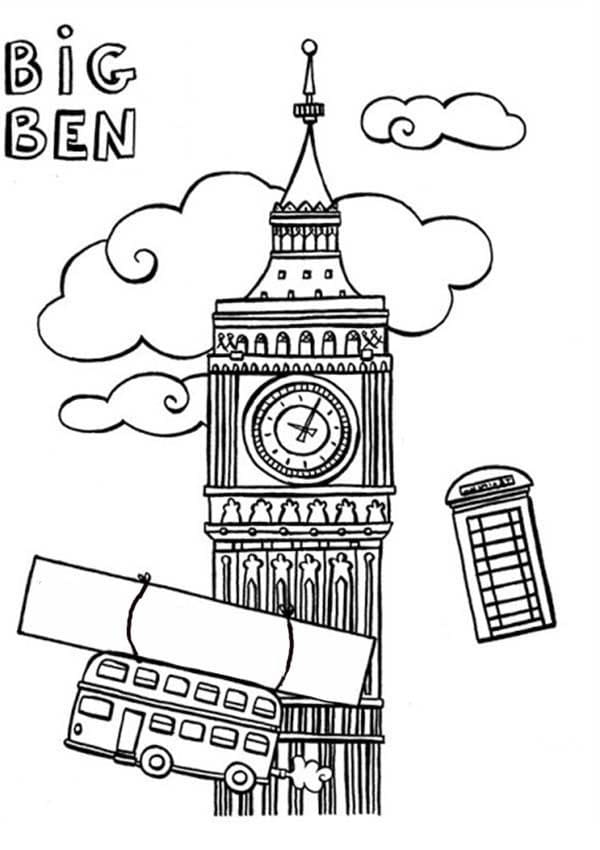kolorowanka wielki angielski zegar big ben Wielka Brytania do druku