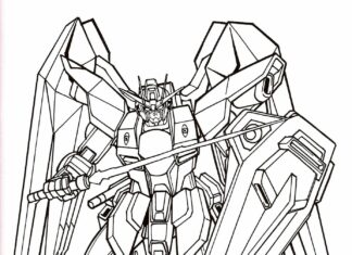 Libro da colorare di un robot gigante con una spada dal cartone animato Gundam