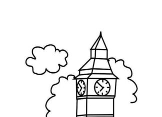 foglio da colorare della torre dell'orologio tra le nuvole big ben Londra