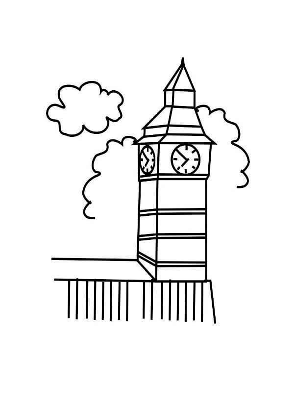 foglio da colorare della torre dell'orologio tra le nuvole big ben Londra