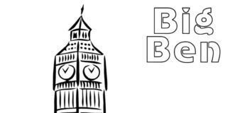 coloring page tall tower with big ben clock