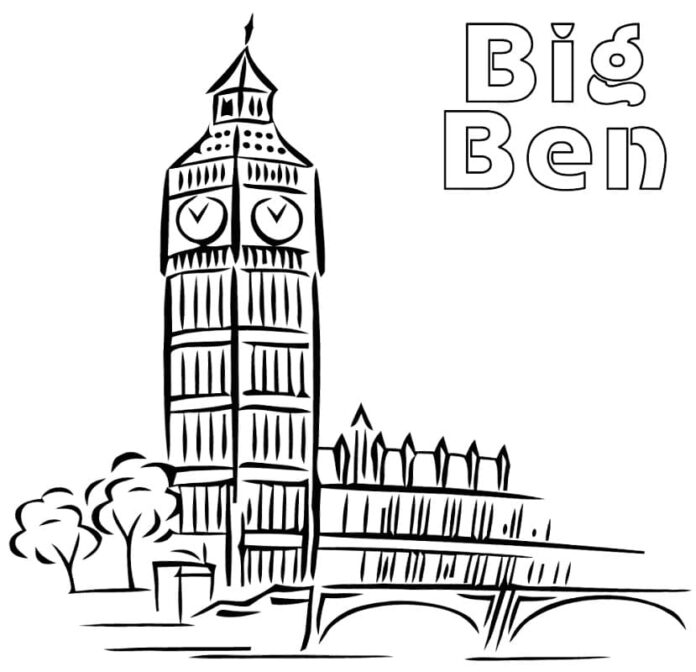coloring page tall tower with big ben clock