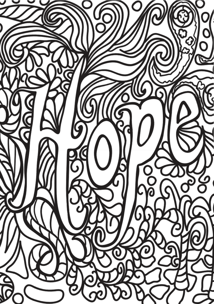 värityskirja, jossa on kuvioita ja sana "HOPE".