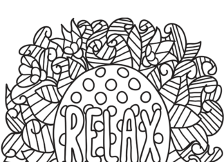 Färgbok med mönster och ordet RELAX.