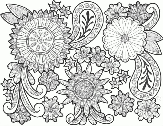 feuille de coloriage avancée avec des fleurs avec des motifs