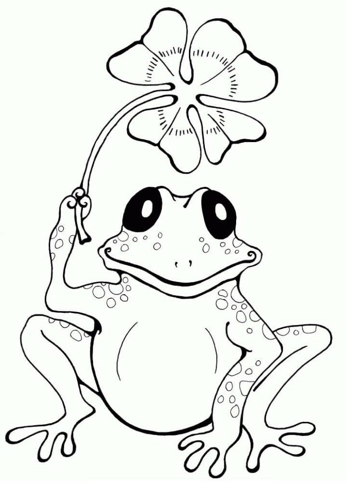 Coloring book of a frog holding a four-leaf clover