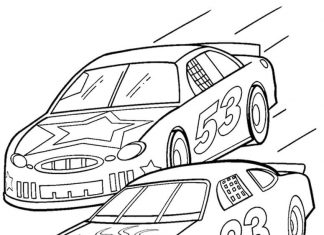 farvelægningsark til udskrivning af et heftigt NASCAR-løb for drenge