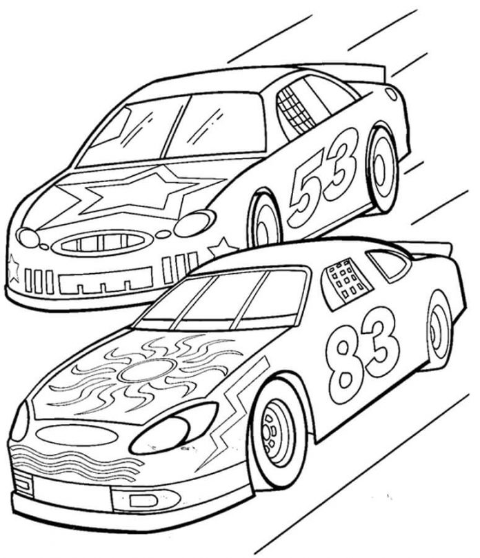 Printable coloring book of a fierce NASCAR race for boys