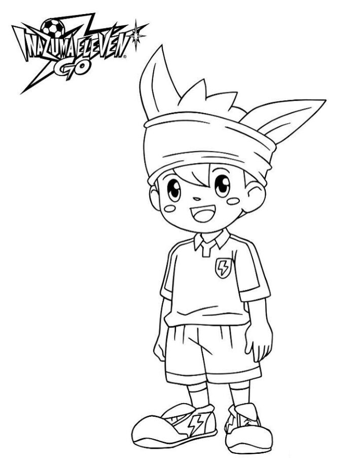 Printable coloring page of happy boy with inazuma eleven soccer