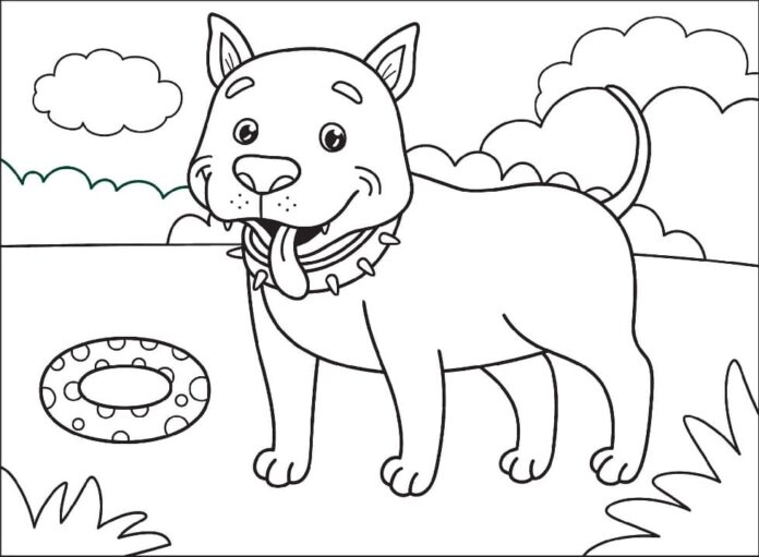 színezőkönyv egy elégedett pitbullról, aki egy kerékkel játszik